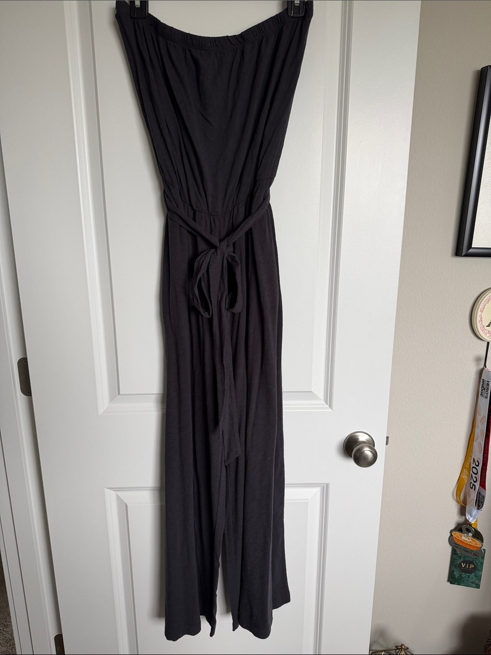 Z Supply Black Strapless Wide-Leg Jumpsuit with Waist Tie